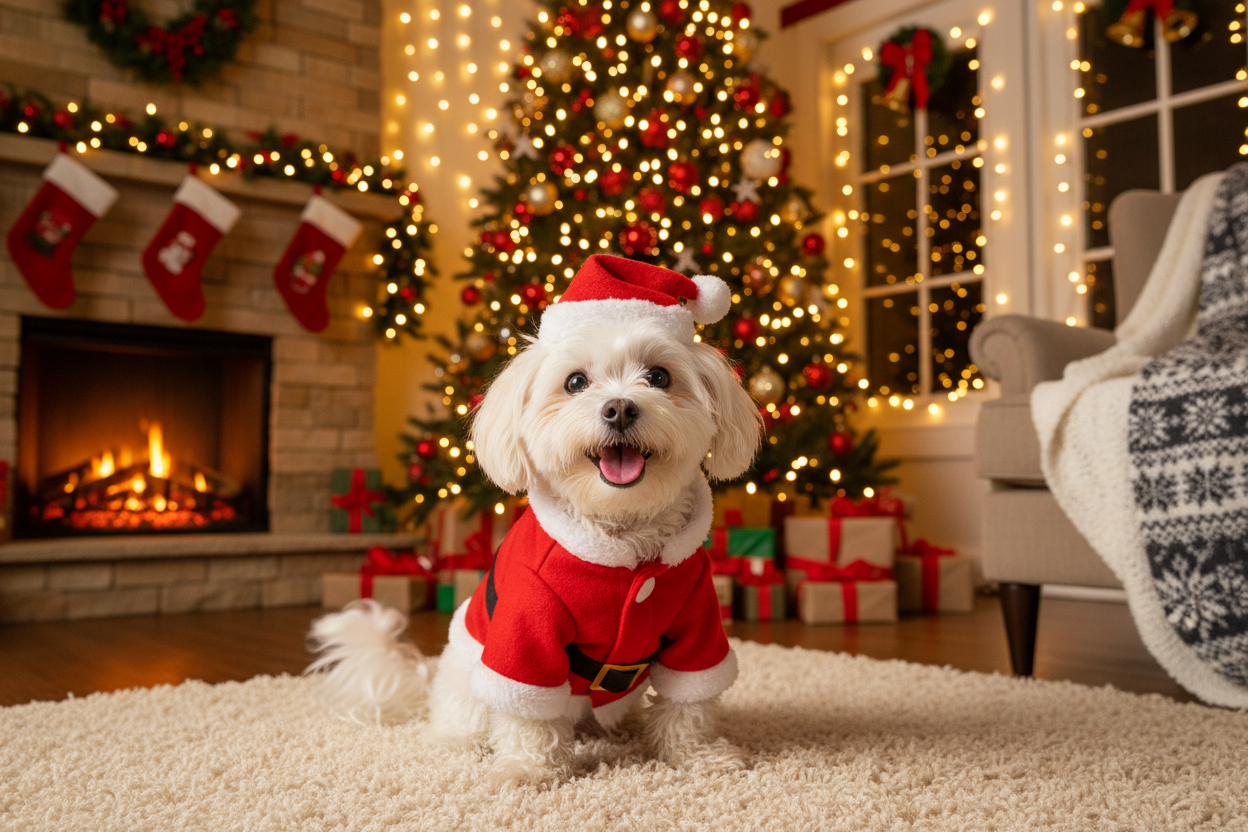 まるちず犬がクリスマス服を着て、室内で楽しいの画像